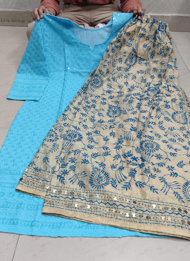 Pure Camric Cotton Sky Blue Casual Wear Chikankari Work Readymade Kurti With Plazzo